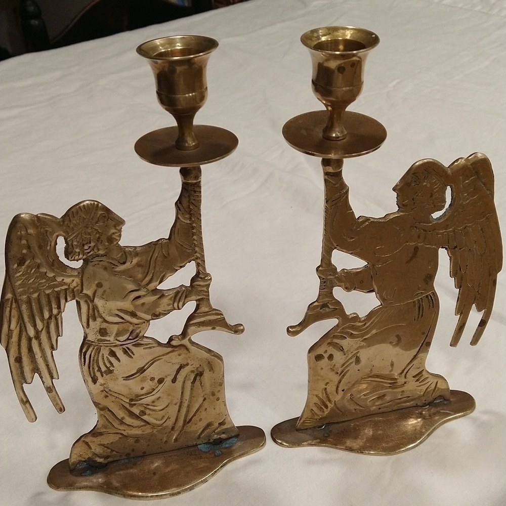 Vintage mid century solid brass Christmas angel candle holder 9 1/2"x 5" -India
